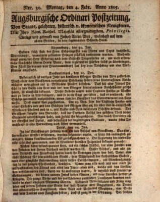 Augsburgische Ordinari Postzeitung von Staats-, gelehrten, historisch- u. ökonomischen Neuigkeiten (Augsburger Postzeitung) Montag 4. Februar 1805