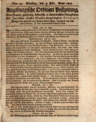 Augsburgische Ordinari Postzeitung von Staats-, gelehrten, historisch- u. ökonomischen Neuigkeiten (Augsburger Postzeitung) Dienstag 5. Februar 1805