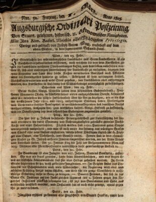 Augsburgische Ordinari Postzeitung von Staats-, gelehrten, historisch- u. ökonomischen Neuigkeiten (Augsburger Postzeitung) Freitag 1. März 1805