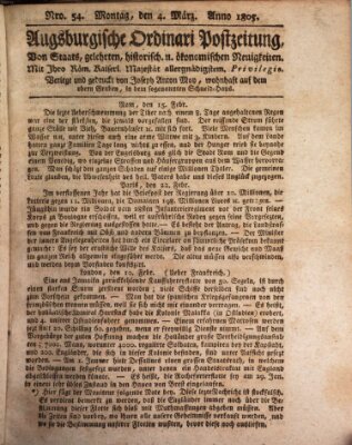 Augsburgische Ordinari Postzeitung von Staats-, gelehrten, historisch- u. ökonomischen Neuigkeiten (Augsburger Postzeitung) Montag 4. März 1805