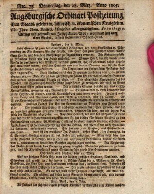 Augsburgische Ordinari Postzeitung von Staats-, gelehrten, historisch- u. ökonomischen Neuigkeiten (Augsburger Postzeitung) Donnerstag 28. März 1805