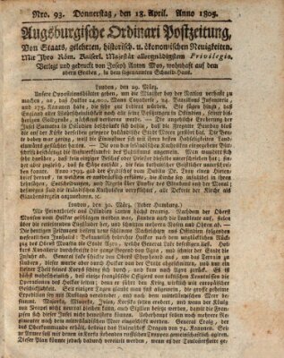 Augsburgische Ordinari Postzeitung von Staats-, gelehrten, historisch- u. ökonomischen Neuigkeiten (Augsburger Postzeitung) Donnerstag 18. April 1805