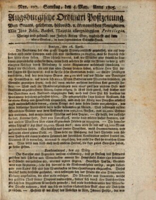 Augsburgische Ordinari Postzeitung von Staats-, gelehrten, historisch- u. ökonomischen Neuigkeiten (Augsburger Postzeitung) Samstag 4. Mai 1805