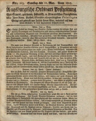 Augsburgische Ordinari Postzeitung von Staats-, gelehrten, historisch- u. ökonomischen Neuigkeiten (Augsburger Postzeitung) Samstag 11. Mai 1805