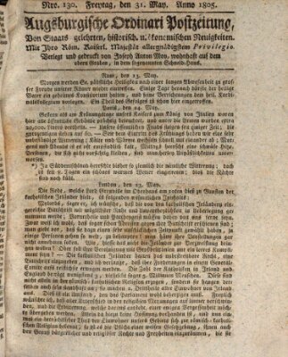 Augsburgische Ordinari Postzeitung von Staats-, gelehrten, historisch- u. ökonomischen Neuigkeiten (Augsburger Postzeitung) Freitag 31. Mai 1805