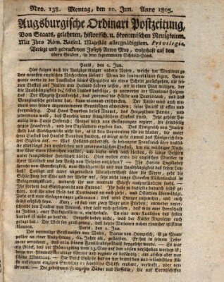 Augsburgische Ordinari Postzeitung von Staats-, gelehrten, historisch- u. ökonomischen Neuigkeiten (Augsburger Postzeitung) Montag 10. Juni 1805