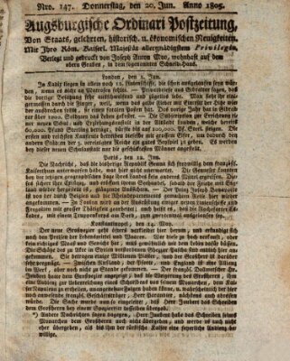 Augsburgische Ordinari Postzeitung von Staats-, gelehrten, historisch- u. ökonomischen Neuigkeiten (Augsburger Postzeitung) Donnerstag 20. Juni 1805