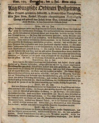 Augsburgische Ordinari Postzeitung von Staats-, gelehrten, historisch- u. ökonomischen Neuigkeiten (Augsburger Postzeitung) Donnerstag 4. Juli 1805