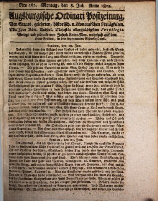 Augsburgische Ordinari Postzeitung von Staats-, gelehrten, historisch- u. ökonomischen Neuigkeiten (Augsburger Postzeitung) Montag 8. Juli 1805