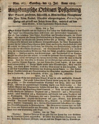 Augsburgische Ordinari Postzeitung von Staats-, gelehrten, historisch- u. ökonomischen Neuigkeiten (Augsburger Postzeitung) Samstag 13. Juli 1805