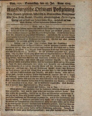 Augsburgische Ordinari Postzeitung von Staats-, gelehrten, historisch- u. ökonomischen Neuigkeiten (Augsburger Postzeitung) Donnerstag 18. Juli 1805