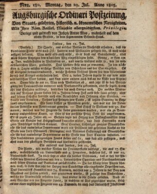 Augsburgische Ordinari Postzeitung von Staats-, gelehrten, historisch- u. ökonomischen Neuigkeiten (Augsburger Postzeitung) Montag 29. Juli 1805