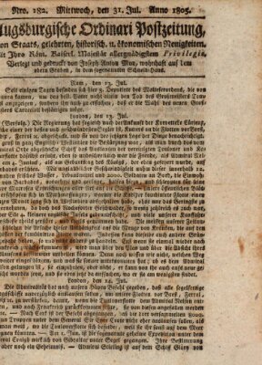 Augsburgische Ordinari Postzeitung von Staats-, gelehrten, historisch- u. ökonomischen Neuigkeiten (Augsburger Postzeitung) Mittwoch 31. Juli 1805