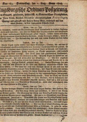 Augsburgische Ordinari Postzeitung von Staats-, gelehrten, historisch- u. ökonomischen Neuigkeiten (Augsburger Postzeitung) Donnerstag 1. August 1805