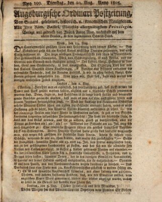 Augsburgische Ordinari Postzeitung von Staats-, gelehrten, historisch- u. ökonomischen Neuigkeiten (Augsburger Postzeitung) Dienstag 20. August 1805