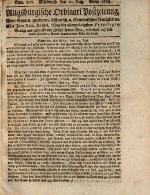 Augsburgische Ordinari Postzeitung von Staats-, gelehrten, historisch- u. ökonomischen Neuigkeiten (Augsburger Postzeitung) Mittwoch 21. August 1805