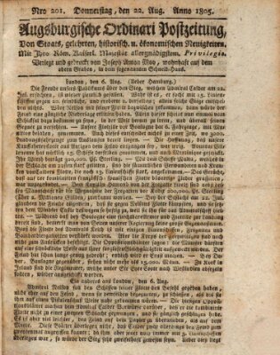 Augsburgische Ordinari Postzeitung von Staats-, gelehrten, historisch- u. ökonomischen Neuigkeiten (Augsburger Postzeitung) Donnerstag 22. August 1805