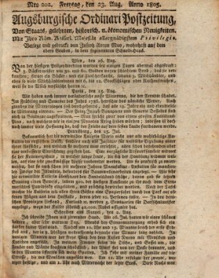 Augsburgische Ordinari Postzeitung von Staats-, gelehrten, historisch- u. ökonomischen Neuigkeiten (Augsburger Postzeitung) Freitag 23. August 1805