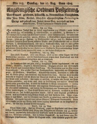 Augsburgische Ordinari Postzeitung von Staats-, gelehrten, historisch- u. ökonomischen Neuigkeiten (Augsburger Postzeitung) Dienstag 27. August 1805