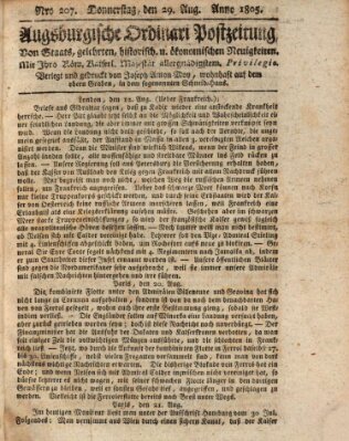 Augsburgische Ordinari Postzeitung von Staats-, gelehrten, historisch- u. ökonomischen Neuigkeiten (Augsburger Postzeitung) Donnerstag 29. August 1805