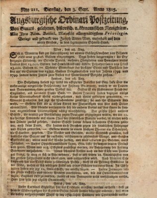 Augsburgische Ordinari Postzeitung von Staats-, gelehrten, historisch- u. ökonomischen Neuigkeiten (Augsburger Postzeitung) Dienstag 3. September 1805