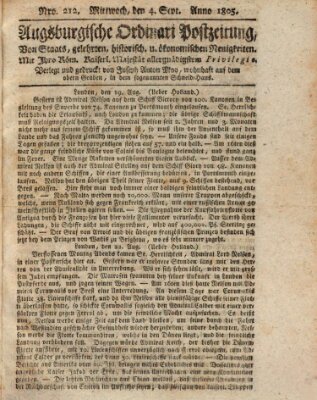 Augsburgische Ordinari Postzeitung von Staats-, gelehrten, historisch- u. ökonomischen Neuigkeiten (Augsburger Postzeitung) Mittwoch 4. September 1805