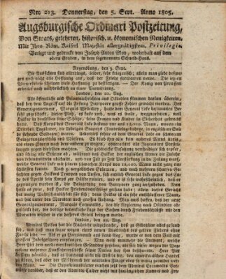 Augsburgische Ordinari Postzeitung von Staats-, gelehrten, historisch- u. ökonomischen Neuigkeiten (Augsburger Postzeitung) Donnerstag 5. September 1805