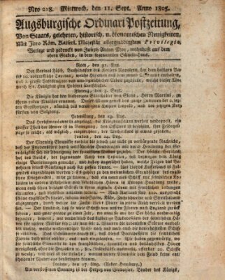 Augsburgische Ordinari Postzeitung von Staats-, gelehrten, historisch- u. ökonomischen Neuigkeiten (Augsburger Postzeitung) Mittwoch 11. September 1805