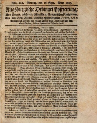 Augsburgische Ordinari Postzeitung von Staats-, gelehrten, historisch- u. ökonomischen Neuigkeiten (Augsburger Postzeitung) Montag 16. September 1805