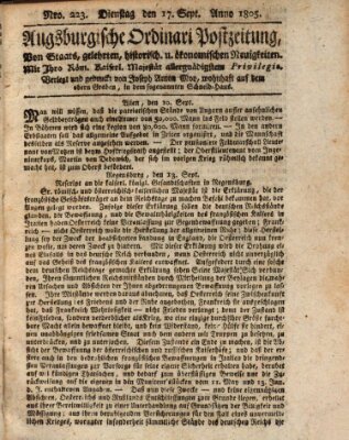 Augsburgische Ordinari Postzeitung von Staats-, gelehrten, historisch- u. ökonomischen Neuigkeiten (Augsburger Postzeitung) Dienstag 17. September 1805