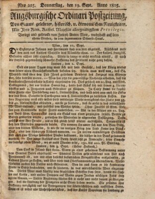 Augsburgische Ordinari Postzeitung von Staats-, gelehrten, historisch- u. ökonomischen Neuigkeiten (Augsburger Postzeitung) Donnerstag 19. September 1805