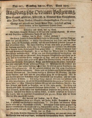 Augsburgische Ordinari Postzeitung von Staats-, gelehrten, historisch- u. ökonomischen Neuigkeiten (Augsburger Postzeitung) Samstag 21. September 1805