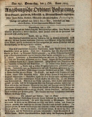 Augsburgische Ordinari Postzeitung von Staats-, gelehrten, historisch- u. ökonomischen Neuigkeiten (Augsburger Postzeitung) Donnerstag 3. Oktober 1805