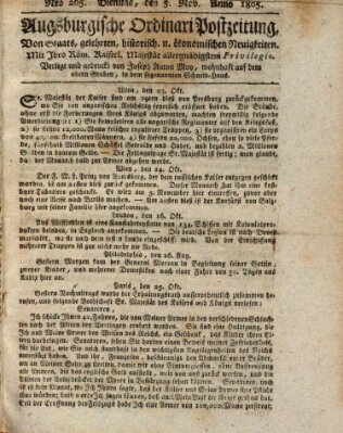 Augsburgische Ordinari Postzeitung von Staats-, gelehrten, historisch- u. ökonomischen Neuigkeiten (Augsburger Postzeitung) Dienstag 5. November 1805