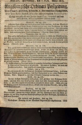 Augsburgische Ordinari Postzeitung von Staats-, gelehrten, historisch- u. ökonomischen Neuigkeiten (Augsburger Postzeitung) Donnerstag 7. November 1805