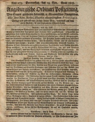 Augsburgische Ordinari Postzeitung von Staats-, gelehrten, historisch- u. ökonomischen Neuigkeiten (Augsburger Postzeitung) Donnerstag 14. November 1805