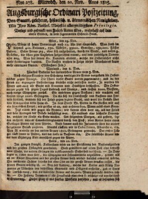 Augsburgische Ordinari Postzeitung von Staats-, gelehrten, historisch- u. ökonomischen Neuigkeiten (Augsburger Postzeitung) Mittwoch 20. November 1805