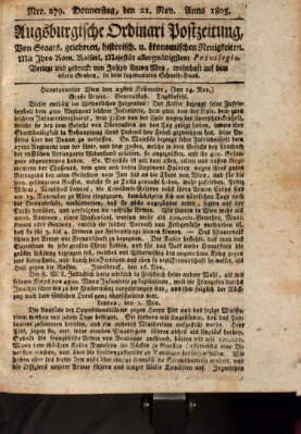 Augsburgische Ordinari Postzeitung von Staats-, gelehrten, historisch- u. ökonomischen Neuigkeiten (Augsburger Postzeitung) Donnerstag 21. November 1805