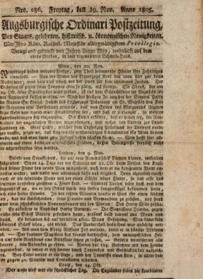 Augsburgische Ordinari Postzeitung von Staats-, gelehrten, historisch- u. ökonomischen Neuigkeiten (Augsburger Postzeitung) Freitag 29. November 1805