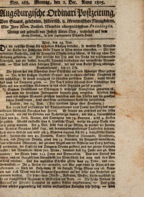 Augsburgische Ordinari Postzeitung von Staats-, gelehrten, historisch- u. ökonomischen Neuigkeiten (Augsburger Postzeitung) Montag 2. Dezember 1805