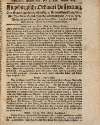 Augsburgische Ordinari Postzeitung von Staats-, gelehrten, historisch- u. ökonomischen Neuigkeiten (Augsburger Postzeitung) Donnerstag 5. Dezember 1805