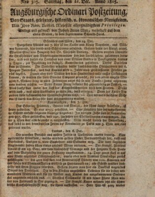 Augsburgische Ordinari Postzeitung von Staats-, gelehrten, historisch- u. ökonomischen Neuigkeiten (Augsburger Postzeitung) Samstag 21. Dezember 1805