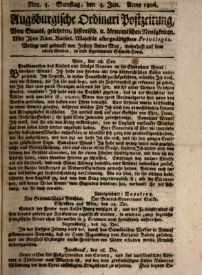 Augsburgische Ordinari Postzeitung von Staats-, gelehrten, historisch- u. ökonomischen Neuigkeiten (Augsburger Postzeitung) Samstag 4. Januar 1806