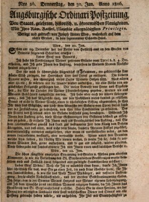 Augsburgische Ordinari Postzeitung von Staats-, gelehrten, historisch- u. ökonomischen Neuigkeiten (Augsburger Postzeitung) Donnerstag 30. Januar 1806