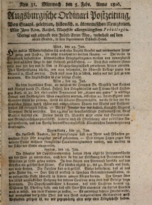 Augsburgische Ordinari Postzeitung von Staats-, gelehrten, historisch- u. ökonomischen Neuigkeiten (Augsburger Postzeitung) Mittwoch 5. Februar 1806