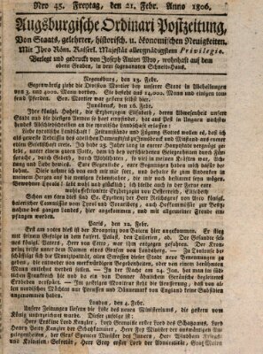 Augsburgische Ordinari Postzeitung von Staats-, gelehrten, historisch- u. ökonomischen Neuigkeiten (Augsburger Postzeitung) Freitag 21. Februar 1806