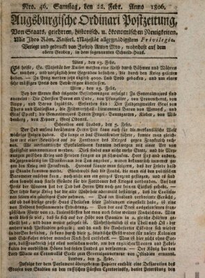 Augsburgische Ordinari Postzeitung von Staats-, gelehrten, historisch- u. ökonomischen Neuigkeiten (Augsburger Postzeitung) Samstag 22. Februar 1806