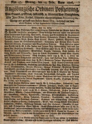 Augsburgische Ordinari Postzeitung von Staats-, gelehrten, historisch- u. ökonomischen Neuigkeiten (Augsburger Postzeitung) Montag 24. Februar 1806