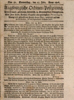 Augsburgische Ordinari Postzeitung von Staats-, gelehrten, historisch- u. ökonomischen Neuigkeiten (Augsburger Postzeitung) Donnerstag 27. Februar 1806