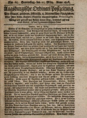 Augsburgische Ordinari Postzeitung von Staats-, gelehrten, historisch- u. ökonomischen Neuigkeiten (Augsburger Postzeitung) Donnerstag 20. März 1806